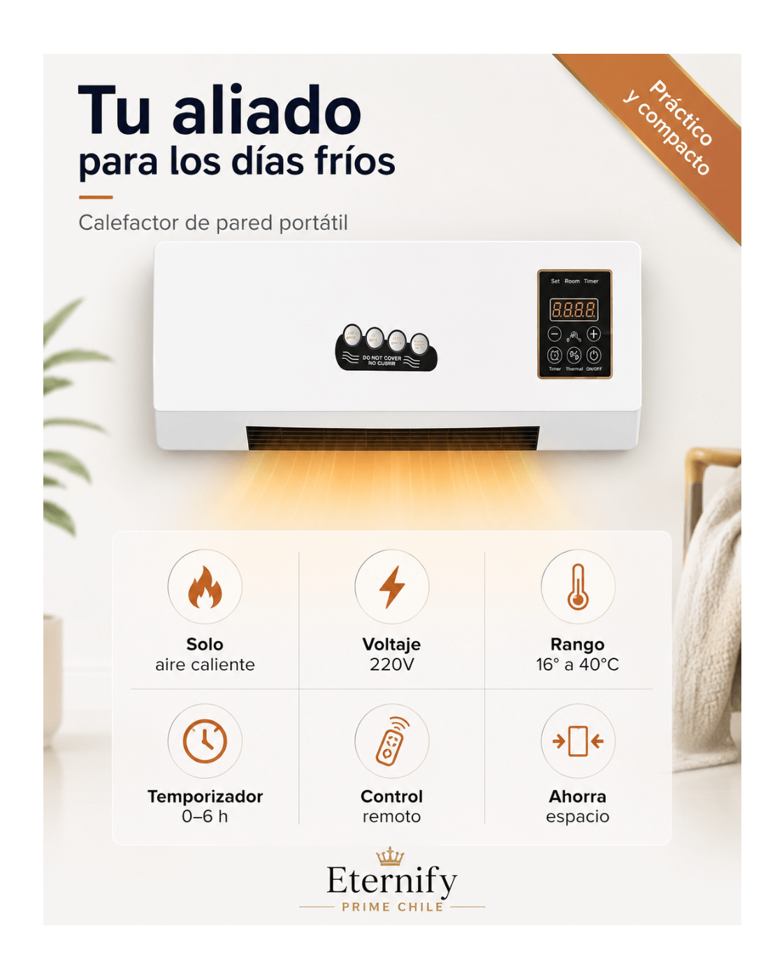 Calefactor de Pared Portátil Aire Caliente con Control Remoto - Eternify Prime Chile