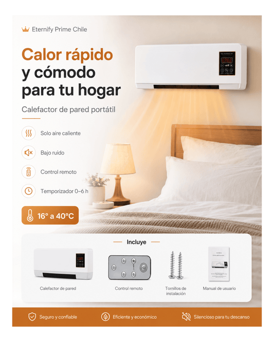 Calefactor de Pared Portátil Aire Caliente con Control Remoto - Eternify Prime Chile