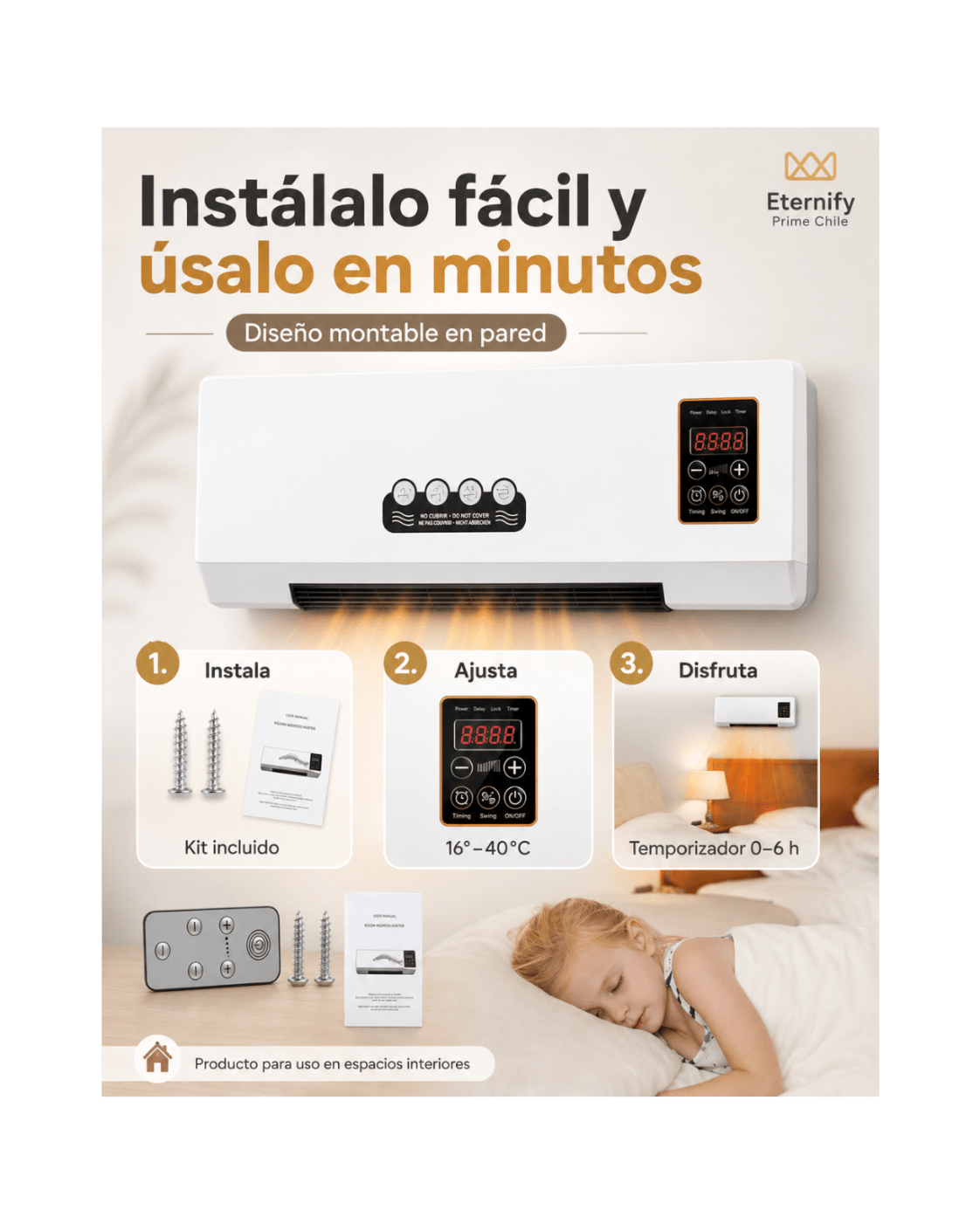 Calefactor de Pared Portátil Aire Caliente con Control Remoto - Eternify Prime Chile