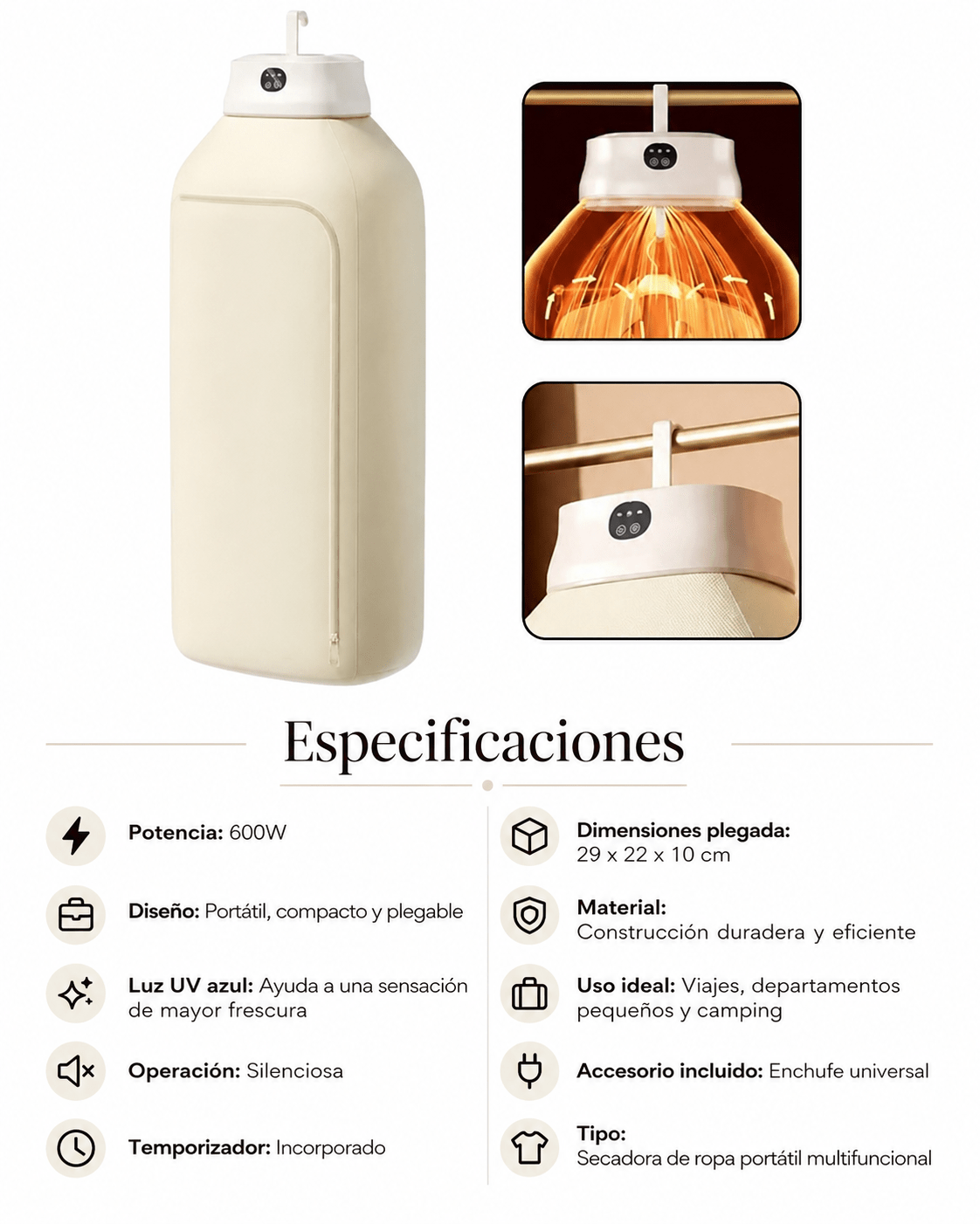 Secadora de Ropa Portátil 600W - Eternify Prime Chile